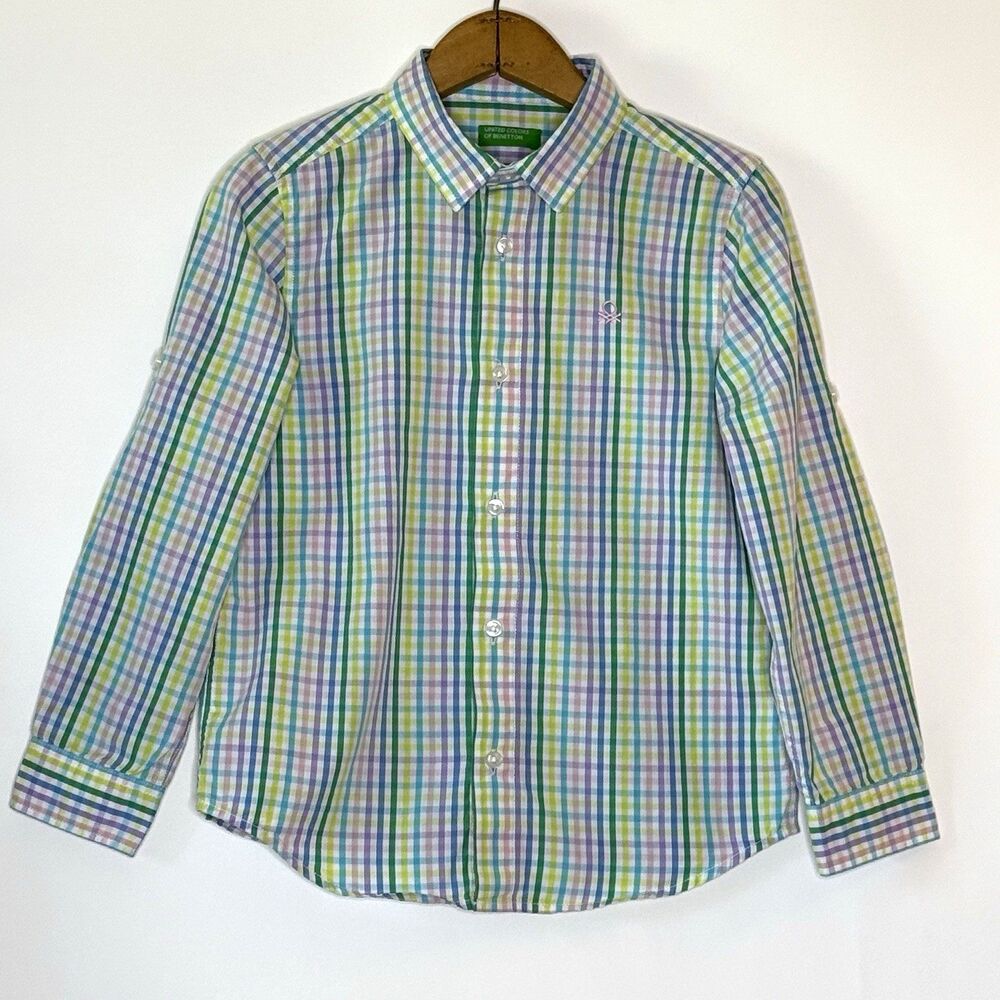 UNITED COLORS of BENETTON Button Shirt Youth Boy's S Pastel Check Preppy Classic